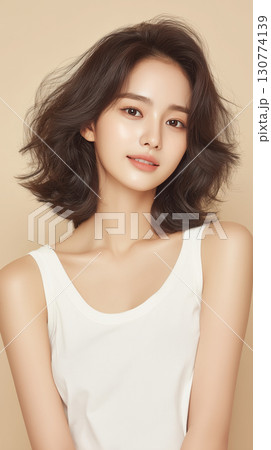 Elegant Korean woman with soft waves and natural makeup posing against a warm background 130774139
