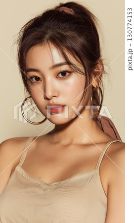 Young Korean woman poses gracefully with a soft expression against a neutral background showcasing natural beauty Young Korean woman poses gracefully with a soft expression against a neutral background showcasing natural beauty 130774153