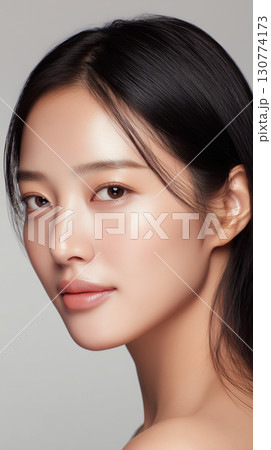 Portrait of a young Korean woman showcasing natural beauty with smooth skin and subtle makeup in a studio setup 130774173
