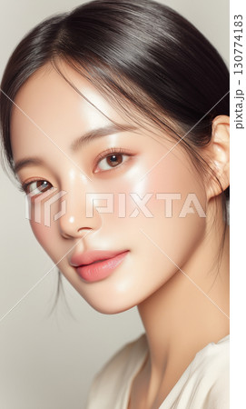 Korean woman with radiant skin posing for a portrait with natural makeup in a minimalist setting 130774183