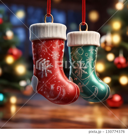 an AI Image Generator, Festive Christmas Stocking Ornament with Tree a an AI Image Generator, Festive Christmas Stocking Ornament with Tree a 130774376