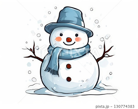 an AI Image Generator, Smiling Cartoon Snowman in Winter Scene 130774383