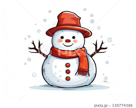 an AI Image Generator, Smiling Cartoon Snowman in Winter Scene 130774386