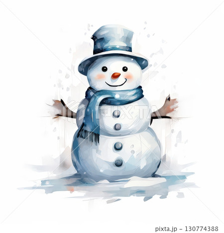 an AI Image Generator, Cheerful Snowman in Winter Forest with Falling Snow 130774388