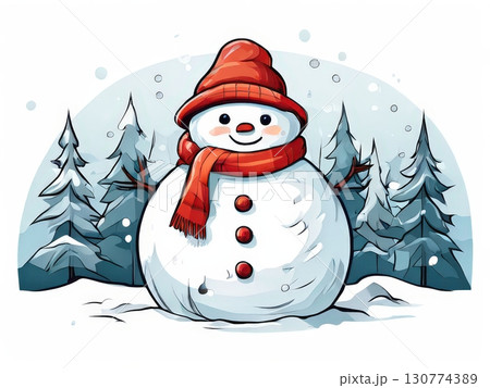 an AI Image Generator, Smiling Cartoon Snowman in Winter Scene 130774389
