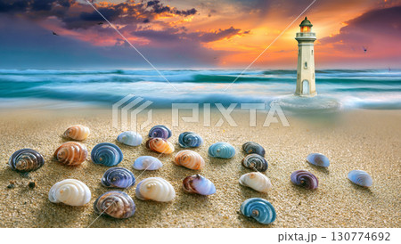 A serene lighthouse standing on rocky shore during beautiful colorful sunset over calm sea and cloudy sky 130774692