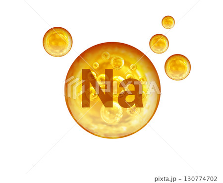 Mineral Na golden balls isolated on white background. Na Natrium. Mineral Na golden balls isolated on white background. Na Natrium. 130774702