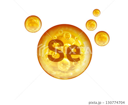 Mineral Se golden balls isolated on white background. Se Selenium. Mineral Se golden balls isolated on white background. Se Selenium. 130774704