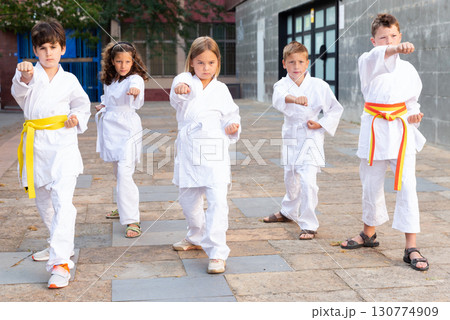 Tween girls and boys practicing taekwondo during outdoors group class 130774909