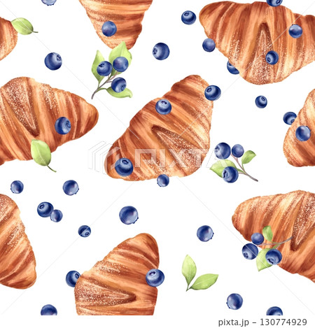 Hand-drawn illustration of a seamless pattern with delicious croissants and fresh blueberries on a white background. Elegant design for bakery branding, cafe menus, food packaging, and digital paper. Hand-drawn illustration of a seamless pattern with delicious croissants and fresh blueberries on a white background. Elegant design for bakery branding, cafe menus, food packaging, and digital paper. 130774929