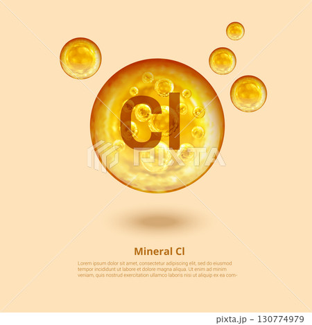 Mineral Cl. Chlorine. Mineral Vitamin complex. Golden balls. Health concept. Cl Chlorine. 130774979