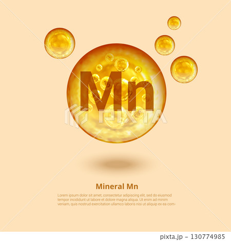 Mineral Mn. Manganese. Mineral Vitamin complex. Golden balls. Health concept. Mn Manganese. 130774985