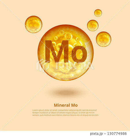 Mineral Mo. Molybdenum. Mineral Vitamin complex. Golden balls. Health concept. Mo Molybdenum. 130774986
