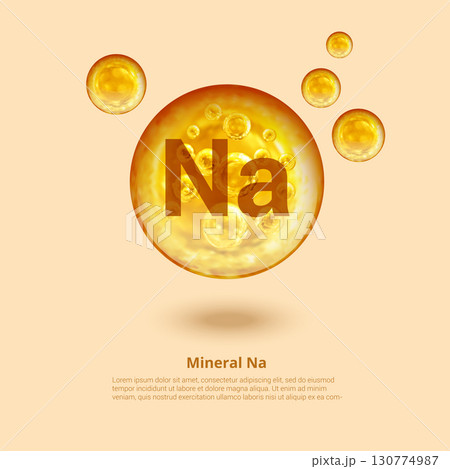 Mineral Na. Natrium. Sodium. Mineral Vitamin complex. Golden balls. Health concept. Na Natrium. 130774987