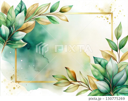 A stunning watercolor artwork featuring green and gold leaves with a geometric frame creating an elegant and modern botanical design 130775269