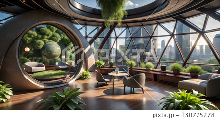 A modern living space with large windows offering a stunning view of the city and lush greenery inside creating a serene atmosphere 130775278