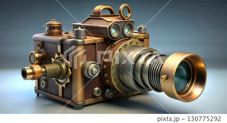 An elegant steampunk camera featuring a long brass lens and multiple viewing ports against a soft blue background 130775292