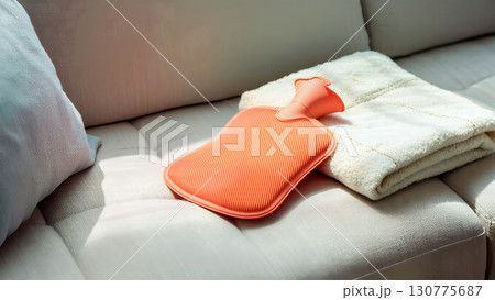 A close-up of an orange hot water bottle and a soft beige throw neatly folded on a light-colored sofa. The image conveys a sense of warmth, comfort, and coziness at home. The composition is ideal for  130775687