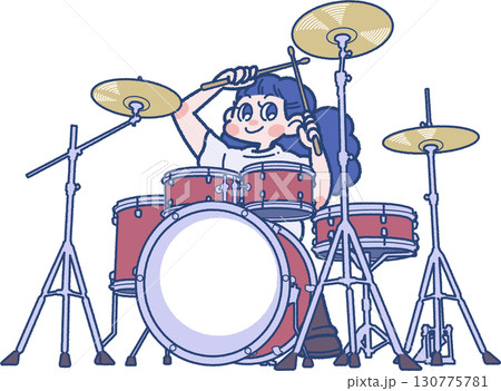 ドラムを叩く女性のイラスト 130775781