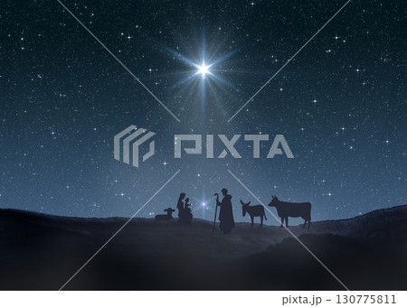 Bright Star of Bethlehem, or Christmas Star. Silhouettes of Jesus Christ, Mary, Joseph and animals Bright Star of Bethlehem, or Christmas Star. Silhouettes of Jesus Christ, Mary, Joseph and animals 130775811