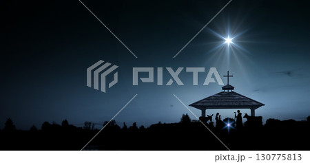 Bright Star of Bethlehem, or Christmas Star. Silhouettes of Jesus Christ, Mary, Joseph and animals. 130775813