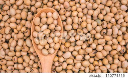 Closeup of raw soybeans in wooden spoon on heap of soybeans background. Perfect for illustrating natural legumes, healthy organic food Closeup of raw soybeans in wooden spoon on heap of soybeans background. Perfect for illustrating natural legumes, healthy organic food 130775836