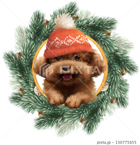 Hand-drawn illustration of an adorable fluffy brown dog in a red winter hat, peeking from a festive pine wreath with cones. Perfect for Christmas cards and holiday decor 130775855