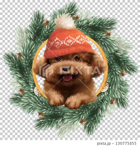 Hand-drawn illustration of an adorable fluffy brown dog in a red winter hat, peeking from a festive pine wreath with cones. Perfect for Christmas cards and holiday decor Hand-drawn illustration of an adorable fluffy brown dog in a red winter hat, peeking from a festive pine wreath with cones. Perfect for Christmas cards and holiday decor 130775855