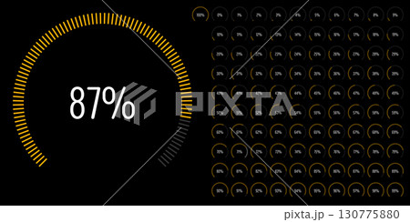 Set of circular sector arc percentage diagrams meters progress bar from 0 to 100 ready-to-use for web design, user interface UI or infographic - indicator with yellow 130775880