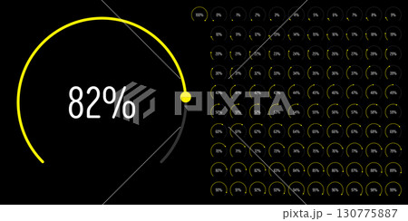 Set of circular sector arc percentage diagrams meters progress bar from 0 to 100 ready-to-use for web design, user interface UI or infographic - indicator with yellow 130775887