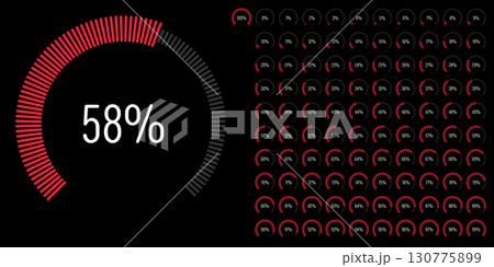 Set of circular sector arc percentage diagrams meters progress bar from 0 to 100 ready-to-use for web design, user interface UI or infographic - indicator with red 130775899