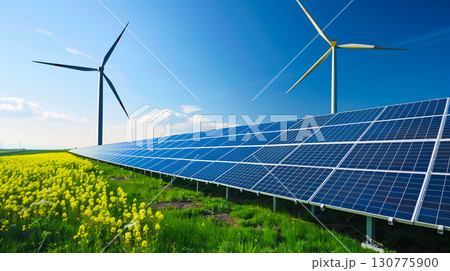 Solar energy panel and wind turbine farm power generator in nature landscape. Solar energy panel and wind turbine farm power generator in nature landscape. 130775900