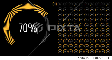 Set of circular sector arc percentage diagrams meters progress bar from 0 to 100 ready-to-use for web design, user interface UI or infographic - indicator with yellow Set of circular sector arc percentage diagrams meters progress bar from 0 to 100 ready-to-use for web design, user interface UI or infographic - indicator with yellow 130775901