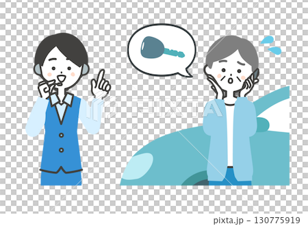 Illustration of an elderly woman and a female operator talking on a smartphone about car keys 130775919