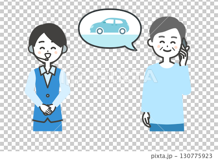 自動車について電話で話す笑顔の年配男性とオペレーター女性イラスト 自動車について電話で話す笑顔の年配男性とオペレーター女性イラスト 130775923
