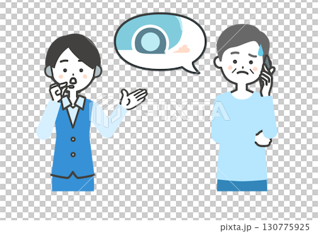 Illustration of an elderly man and a female operator consulting over the phone about a flat tire 130775925