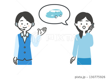 自動車について電話で話す女性とオペレーター女性イラスト 自動車について電話で話す女性とオペレーター女性イラスト 130775926