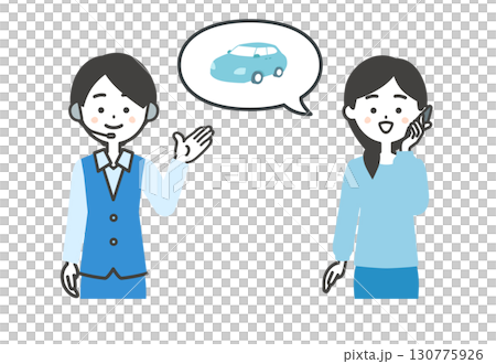 自動車について電話で話す女性とオペレーター女性イラスト 自動車について電話で話す女性とオペレーター女性イラスト 130775926