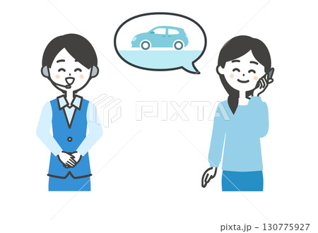 自動車について電話で話す笑顔の女性とオペレーター女性イラスト 130775927