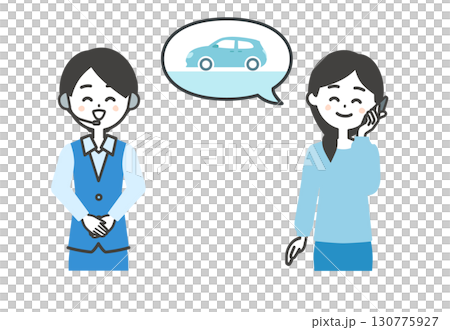 自動車について電話で話す笑顔の女性とオペレーター女性イラスト 130775927