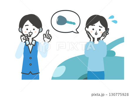 車のカギについてスマホで話す女性とオペレーター女性イラスト 130775928
