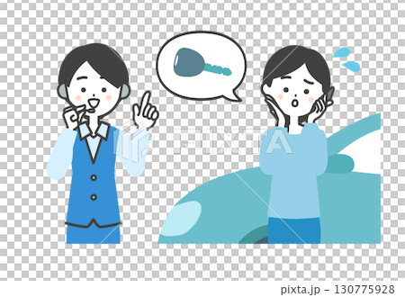 一名女子在智慧型手機上談論車鑰匙和一名女接線生的插圖 130775928