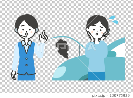 一名女子在一輛吸煙汽車和一名女操作員前用智慧型手機通話的插圖 130775929