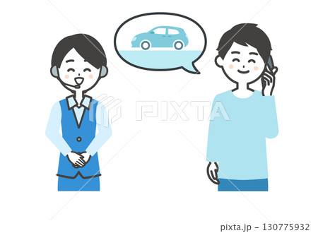 自動車について電話で話す笑顔の男性とオペレーター女性イラスト 130775932