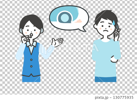 パンクについて電話で相談する男性とオペレーター女性イラスト 130775935