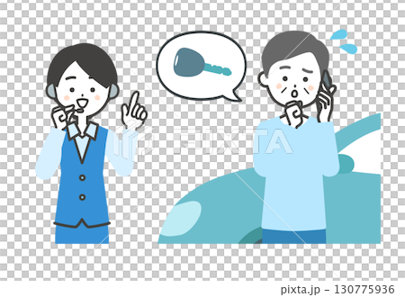 Illustration of an elderly man and a female operator talking on a smartphone about car keys Illustration of an elderly man and a female operator talking on a smartphone about car keys 130775936