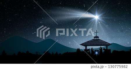 Bright Star, or Christmas Star of Bethlehem. Silhouettes of Jesus Christ, Mary, Joseph and animals. 130775982