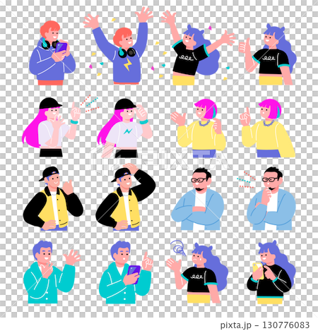 Pop and colorful young people's facial expression illustration set 130776083