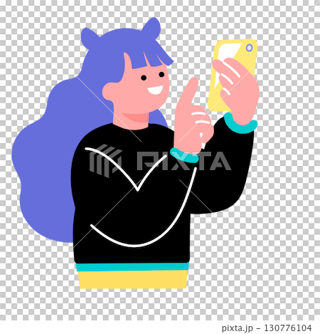 A pop and colorful illustration of a young person taking a photo with a smartphone 130776104