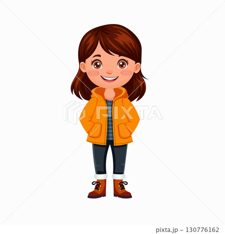 Girl with brown hair stands in a yellow raincoat and brown boots, smiling. Vector illustration on an autumn theme. White background Girl with brown hair stands in a yellow raincoat and brown boots, smiling. Vector illustration on an autumn theme. White background 130776162